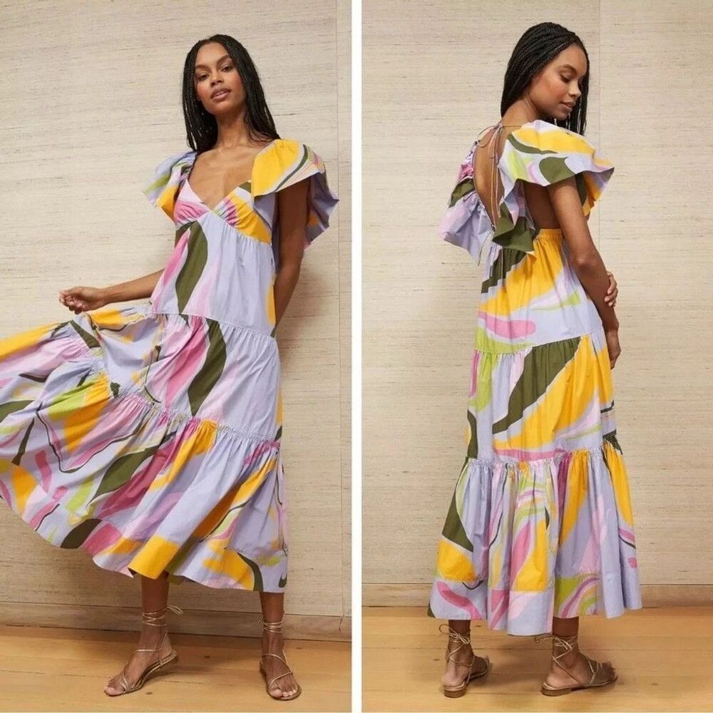 New LA LIGNE Stella Flutter Sleeve Tiered Ruffle Maxi Dress in Lavender Medium